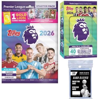 Imagem de Topps Premier League 25/26 Soccer Cards Starter Pack + Random Mega Tin + 100 Card Protectors, 54 Cards - 3 Exclusive Goal Machine Cards + Golden Lion Card