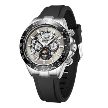 Imagem de OLEVS Relógio masculino dia-semana fase da lua esqueleto prata corda automática mecânica à prova d'água luminosa pulseira de silicone preto Wirst relógios, 6713: cinza-prata