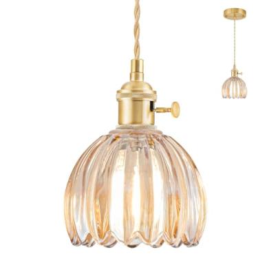 Imagem de Mini luzes pendentes ilha de cozinha, luminária pequena ajustável com abajur de vidro tulipa âmbar, iluminação pendente dourada vintage, luz pendente para quarto, sala de jantar, corredor