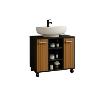 Imagem de Armário Para Banheiro Kit Completo Gabinete Para Pia De Coluna Com Rodízios + Espelheira Com Prateleira(PRETO/RIPADO)