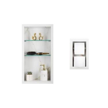 Imagem de Nicho Em Porcelanato Com Prateleira De Vidro E Porta Papel Higiênico -