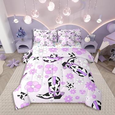 Imagem de Erosebridal Conjunto de cama queen vaqueira ocidental, estampa floral roxa de vaca leiteira, 7 peças, conjunto de cama com chapéu de vaqueira, canteiro de flores em uma bolsa com elástico + lençol de