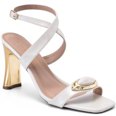 Imagem de Sandália Feminina Lumiss Salto Alto Bloco Metalizado Dourado Enfeite Pedra Blogueira offwhite34