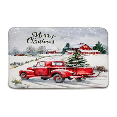 Imagem de AMFD Merry Christmas, tapete de banho, caminhão, vermelho, vintage, quinta, celeiro, neve, pinheiro, rústico, inverno, férias, banheiro, banheira, tapete, decoração, 45,7 x 76,2 cm
