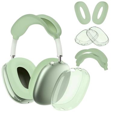Imagem de Seltureone Capa 4 em 1 compatível com AirPods Max Headband/Ear Cups/Ear Pads, proteção completa de silicone macio e capa de fone de ouvido de TPU transparente para AirPods Max - verde