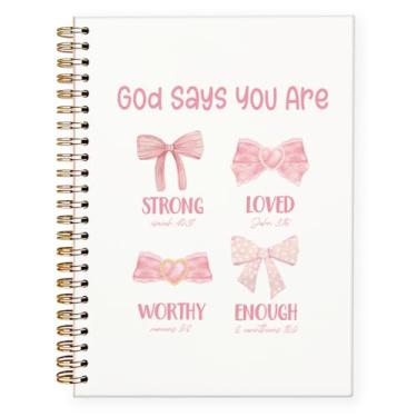 Imagem de PLKMN Caderno Coquete com laço rosa, God Says You Are Christian Caderno feminino, material de escritório rosa, caderno bíblico para anotações, caderno de diário bíblico 14 x 21 cm