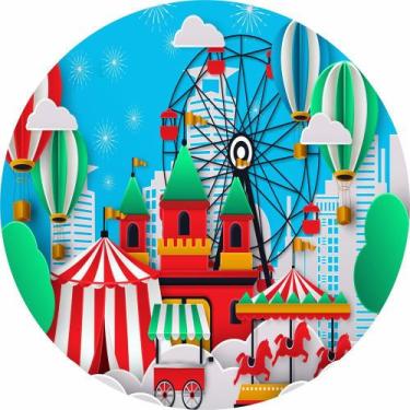 Imagem de Painel de Tecido Sublimado Redondo Parque de Diversões Balões e Fogos 