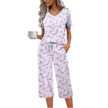 Imagem de Conjunto de pijama feminino Ekouaer de manga curta de algodão com calç