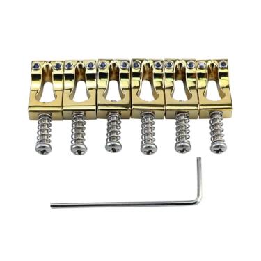 Imagem de OVSAL Selas de ponte de guitarra 10,8 mm de liga de zinco Tremolo Bridge Saddles compatíveis com 6 cordas Fender Strat St Tele Telecaster peças de reposição para guitarra elétrica douradas