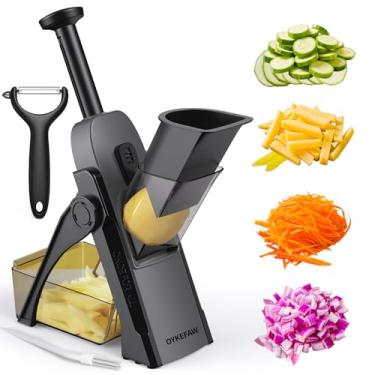 Imagem de OYKEFAW Fatiador mandril seguro para cozinha, cortador de alimentos 5 em 1, fatiador de frutas, espessura ajustável de 0,1 a 8 mm, artefato de corte de cozinha refeição rápida (preto)