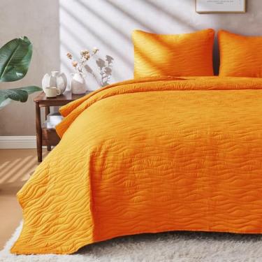 Imagem de JYHOPE Conjunto de cama de solteiro, 1 edredom de verão, 2 fronhas, colcha de microfibra leve e macia para todas as estações (estampa de madeira - laranja, solteiro (68 x 90))