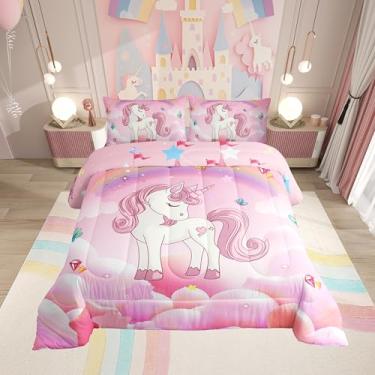 Imagem de Erosebridal Conjunto de cama de unicórnio, tamanho infantil, rosa, roxo, unicórnio, com arco-íris, galáxia, estrelas, fantasia, decoração de quarto de meninas, arco-íris, unicórnio, edredom reversível