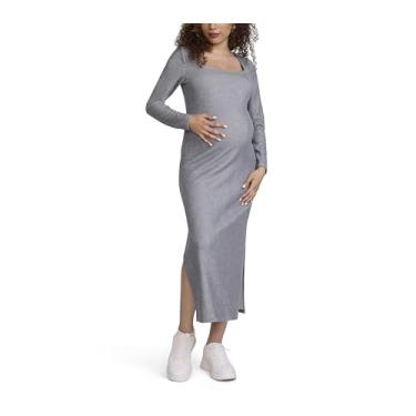 Imagem de Motherhood Maternity Vestido feminino de manga comprida com nervuras e gola quadrada colado ao corpo, Cinza mesclado, G