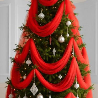 Imagem de Mindsoft Guirlanda de árvore de Natal de 3,5 m, véu decorativo vermelho, guirlanda de Natal com arame, decorações de pendurar para decoração de festa de Natal