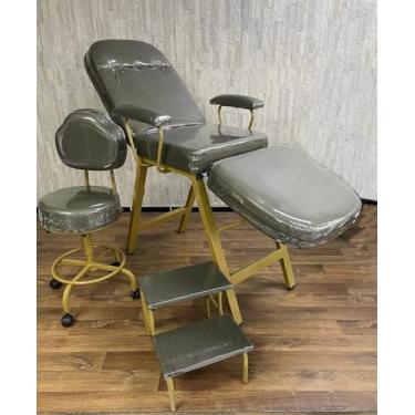 Imagem de Kit Cadeira Estetica Plastificada Com Pernas Douradas 3 Peças - Maca-Mocho-Escadinha