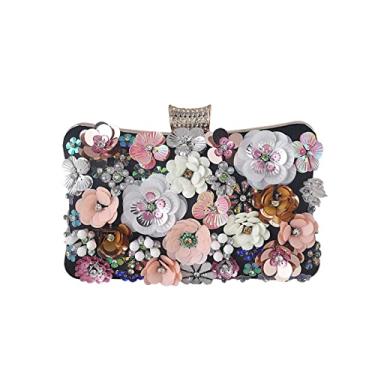 Imagem de CORIOS Bolsa feminina para noite colorida floral clutch bolsas 3D lantejoulas flor bolsa elegante bolsa transversal bolsa banquete, Preto, Small