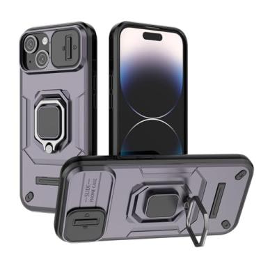 Imagem de SORAKA Capa para iPhone 15 com suporte de anel e capa de câmera deslizante para iPhone 15 com placa de metal para suporte magnético de carro, capa protetora de camada dupla em policarbonato rígido e