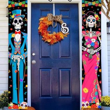 Imagem de 2 peças Dia dos Mortos Alpendre Sinal Porta Banner, Dia De Los Muertos Decoração Mexicana Festa de Açúcar Caveira Flores Deocrações Pendurado Faixa de Porta de Parede para Interior e Exterior