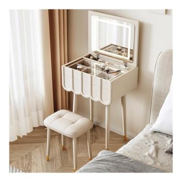 Imagem de Escrivaninha de penteadeira Conjunto de penteadeira madeira com espelho rebatível e banco - elegante maquiagem móveis quarto que economizam espaço(Branco)