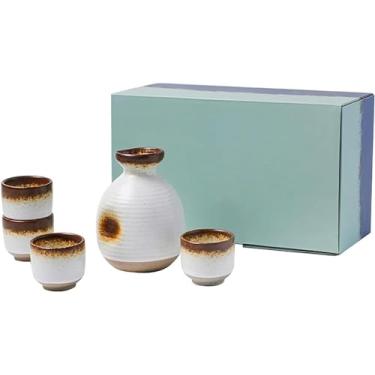 Imagem de JOEUQK Conjunto de saquê, conjunto de canecas tradicionais de saquê japonês, canecas de cerâmica manuais, conjunto de ferramentas de saquê artesanais, 1 pote de saquê, 4 copos de saquê, branco