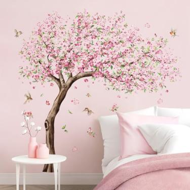 Imagem de Tanlaby Decalques de parede grandes de flor de cerejeira rosa pêssego com pássaros descascando e colando decoração de arte de parede de primavera para meninas crianças quarto berçário sala de estar TV