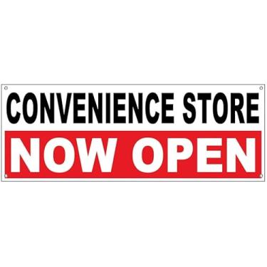 Imagem de Placa de vinil 4LessCo 45,7 x 121 cm Loja de conveniência NOW OPEN com ilhós wb
