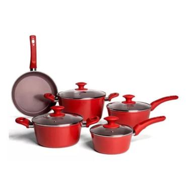 Imagem de Conjunto de Panelas Brinox Optima 5 Peças Vanilla Cerâmica Life C/ Fundo Indução VERMELHA