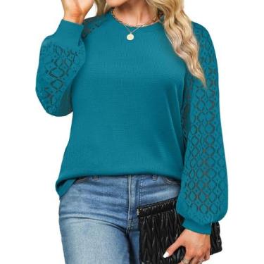 Imagem de Camisa feminina Eytino, tamanho grande, gola redonda, renda, manga com