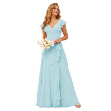 Imagem de Vestido de dama de honra TIRAS com babado azul claro e chiffon para mu