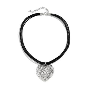 Imagem de Colar Coração Oktoberfest Prata Grande Corda Couro Multi fios Mandala Flor Texturizado Vintage Gótico-Pingente Cordinha Pescoço Vintage Boho-Presente Feminino Namorada Amiga Floral Luxo