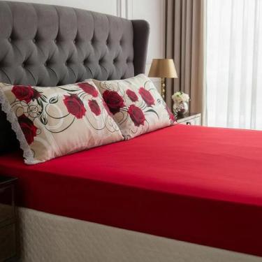 Imagem de Jogo De Lençol King Size 03 Peças Estampado - Flores Vermelha - MJ Enx