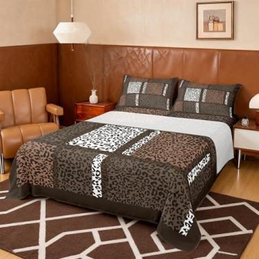 Imagem de Jogo de lençol casal com estampa de leopardo, 4 peças, guepardo africano, vida selvagem, patchwork, pele de animal selvagem, marrom e branco (1 lençol com elástico, 1 lençol de cima, 2 fronhas) de