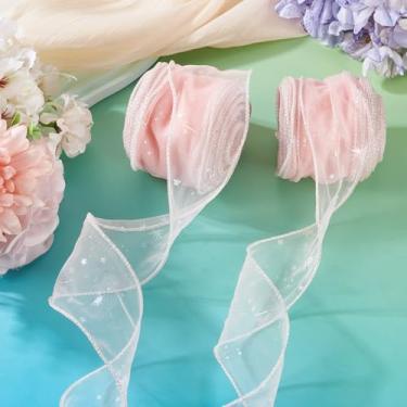 Imagem de Fita transparente de organza com fio de 6,5 cm pérola rosa poliéster glitter padrão estrela fitas de tecido de tule para artesanato buquês florais decorações de festa de casamento (20 m)