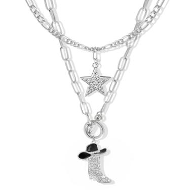 Imagem de Conjunto de 2 peças de gargantilha de estrela de strass brilhante, pingente de bota de vaqueira, conjunto de colar empilhável para mulheres, corrente grossa, chapéu de caubói esmaltado, joia estrela