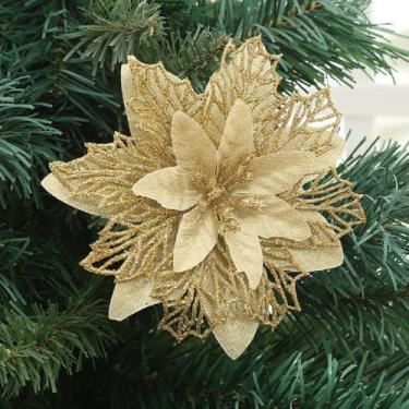 Imagem de YESKY Flores de poinsétia para árvore de Natal, 12 peças de flores de Natal com glitter, flores artificiais de poinsétia com clipes, hastes, enfeites de árvore de Natal para decoração de guirlanda de