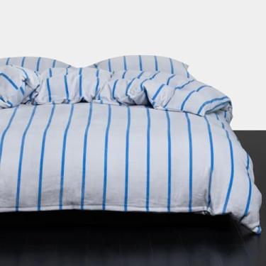 Imagem de Bedbay Conjunto de edredom de veludo, tamanho king, listrado, macio, quente, de veludo, fofo, 3 peças, estampa de listras azuis e brancas, conjunto de cama king size para todas as estações