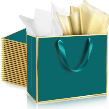 Imagem de ReliThick Pacote com 12 sacos metálicos para presente de papel com alças e papel de seda, 29 x 25 x 10 cm, bolsa de agradecimento para madrinha de casamento, padrinhos, presentes de aniversário de 5