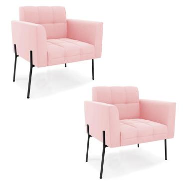 Imagem de Poltrona Pé De Ferro Preto Para Sala Kit 2 Elisa Suede D03 - D'rossi Cor Rosa Bebê