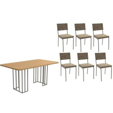 Imagem de Conjunto Mesa De Cozinha Duina Com Tampo De Madeira 160cm E 6 Cadeiras Zaria Niquel Freijó Suede Bege Kappesberg
