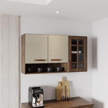 Imagem de Armário Aéreo Modulado Vazado Com Vidro Fidelitá Lisboa 120cm 3 Portas Noce/off-white