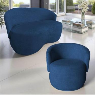 Imagem de Kit Namoradeira + Poltrona Decorativa Beatriz Orgânica Couro Azul Mari