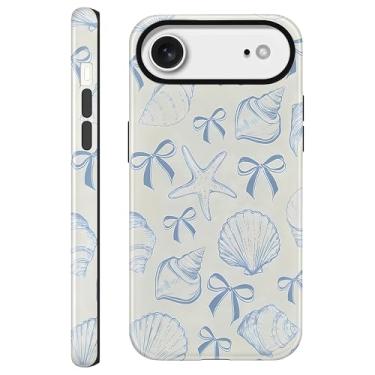 Imagem de CAINAT Capas estéticas para iPhone 17 Air, design de concha com laço azul, capa protetora híbrida rígida de 2 camadas para mulheres e meninas