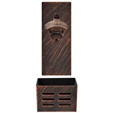 Imagem de Luwanburg Rustic Cheers abridor magnético de garrafa de cerveja montado na parede com caixa coletora de tampa e placa de aço inoxidável preso magneticamente na geladeira, freezer