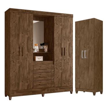 Imagem de Guarda Roupa Casal Capelinha Capri E Armário Multiuso New íris Castanho Wood - Moval
