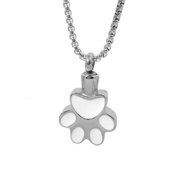 Imagem de Colar de urna de cremação com estampa de pata de animal de estimação, aço inoxidável, pingente de cinzas de glitter rosa com corrente, joia de lembrança de perda de animais de estimação (branco)