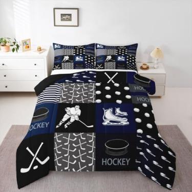 Imagem de Jogo de edredom solteiro com estampa de jogador de hóquei no gelo, infanto-juvenil, para crianças, meninas, meninos, jogos competitivos, trabalho em equipe, decoração de quarto de esportes de inverno