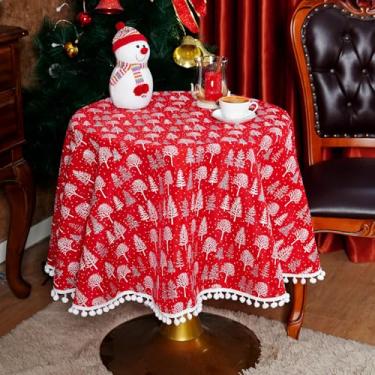 Imagem de SUTAVIA Toalha de mesa de Natal de tecido vermelho, boho, pompom, borla, árvore verde, brilhante, decoração retangular, capa de mesa para mesa de jantar de festa de inverno (árvore de Natal, 152 cm