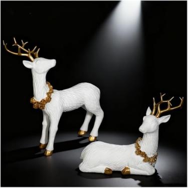Imagem de 2 peças de enfeites de resina de cervo de pinha, enfeite de veado de Natal, enfeite de alce, decoração de casa, perfeito para melhorar a atmosfera festiva (branco)