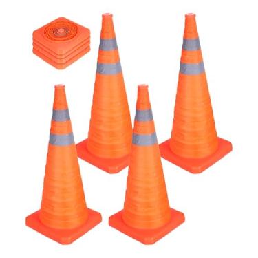 Imagem de PATIKIL 71 cm Pacote com 4 Cones de Trânsito Dobráveis, Cones de Segurança Laranja com Colarinho Refletivo Cones de Cuidado para Estacionamento Condução Treinamento Prática Emergência Barreira na