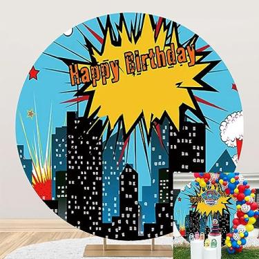 Imagem de TTQYFNM Capa de fundo redonda com desenho animado de 1,8 x 1,8 m Cidade de super-herói feliz aniversário poliéster boom cidade noite arranha-céus urbanos edifícios fotografia fundo para crianças